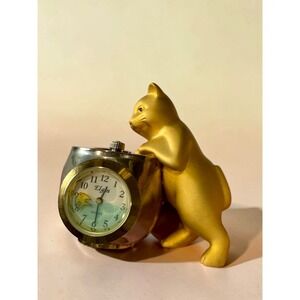 Elgin Miniature Desk Clock Cat and Fishbowl Figurine Gold Silver Tone Quartz